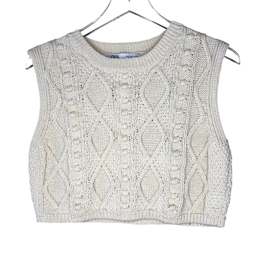 Zara Cream Cable Knit Cropped Sleeveless Sweater Top SMALL Boxy Crop Top